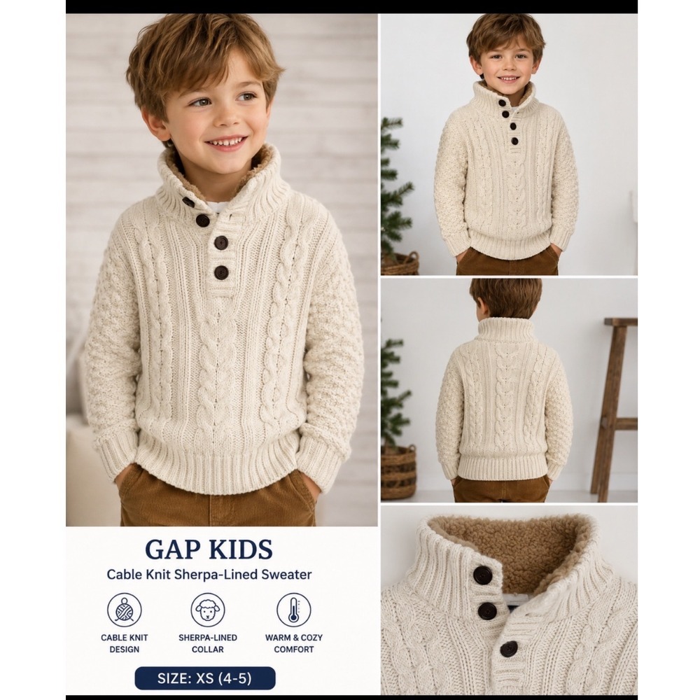 Gap Kids Cable Knit Sherpa Lined Sweater Cream Off White Mock Neck XS 4-5 982802